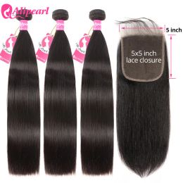 Wigs AliPearl Hair Straight Human Hair 3 Bundles With 5x5 Closure Free Part Brazilian Hair Weave 3 Bundles Ali Pearl Hair Extension