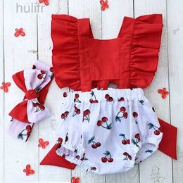 Rompers Cute Newborn Baby Girl Clothes Sets Ruffle Backless Cherry Romper Headband 2pcs Summer Outfits Toddler Infant Jumpsuit 0-18M d240425