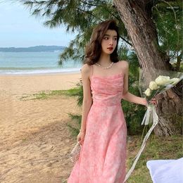 Casual Dresses 2024 Summer Chiffon Gentle Fragmented Pink Waist Fairy Sling Dress With Open Back Tourism Beach Skirt For Women