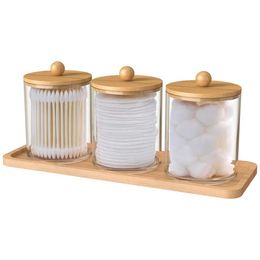 Storage Bottles Jars 3 Qtip stand dispensers with bamboo cover transparent acrylic bathroom jar tray cotton swab storage dispenser reusable H240425