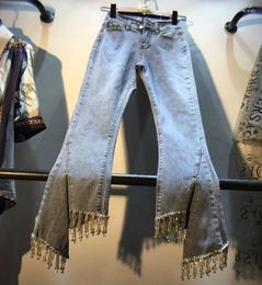 Women's Jeans European Women Slim Spring/Summer Rhinestone Tassel-studded Nail Beads High Waist Flare Lady Skinny Denim Pants