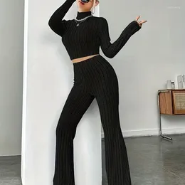 Women's Two Piece Pants 2pcs Thin Breathable Ribbed Knit Long Sleeve High Neck Skinny Crop Tee & Flare Yoga Sporty Outfits Trendy Sets