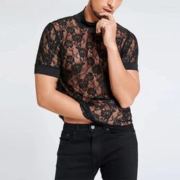 Men's T Shirts Leisure Short Sleeve Turtleneck Shirt Men Sexy Transparent Florals Embroidery Mesh T-shrits Summer Mens Fashion Bottoming