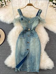 Casual Dresses Denim Dress Sexy Style Arrival Ins Strap Waist Mesh Polka Dot Ruffles Stitching Female Bodycon Midi Vestidos