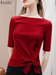 Women's Blouses Elegant SWomen Boat Neck Half Sleeve Party Tunic Tops Tied Hem Shirt Korean Fashion Blusas Chemise Ummer Slim Fit Blouse