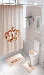 Shower Curtains Pink Crown Flowers Printed Curtain Set Simple Marble Bath Bathroom Decor With Hooks Antislip Bathing Mats Rugs6923599