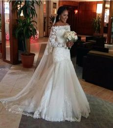 Vintage Sexy Mermaid Wedding Dress Illusion Long Sleeves Fishtail Train Tulle Lace Bridal Gowns Dress Plus Size Party Wear3795375