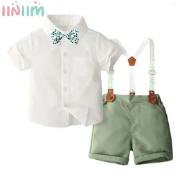 Clothing Sets Kids Boys Summer British Style Gentleman Suit Short Sleeve Shirt With Bow Tie Suspender Shorts For Prom Birthday Wedding Party