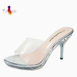2024 New Outside Slides Transparent Crystal Shoes Summer Thin Heel Slippers 10CM Women Party High Heels Fashion Sandals Hot Sale