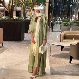 Ethnic Clothing Shiny Satin 2 Piece Muslim For Women Open Abaya Kimono Long Maxi Dress Turkey Kaftan Dubai Islam Eid Party Morocco Gown