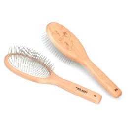 Combs Professional Wood Oval 25mm Steel Pin Brush for Short or Long Hair Dogs and Cats, Pet Grooming Tools for Large and Small Dogs