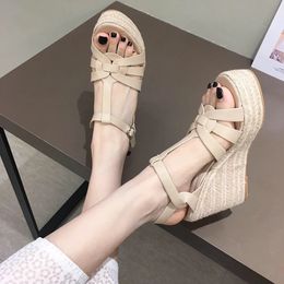 10.5cm super high heels platform sandals women leather weaved T-strap gladiator sandalias mujer straw wedges summer muffins 240423