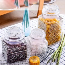 Jars Japanesestyle Square Carved Glass Jar Candy Coffee Bean Sealed Jar Household Nut Tea Box Modern Glass Bottle Storage Container