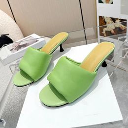 Slippers Summer Fashion Female 2024 Genuine Leather Material High Heel Sandals Solid Colours Upper Round Head Ladies Pumps