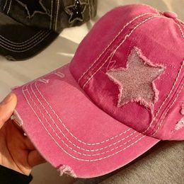 Ball Caps Retro Star Washed Denim Hole Baseball Cap Y2K Sun Hat For Women Men Cotton Ponytail Caps Fashion Hip Hop Snapback Hats Gorros J240425