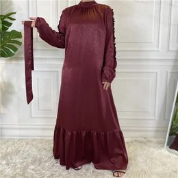 Ethnic Clothing Middle Eastern Dubai Turkey Solid Daily Robe Women's Muslim Simple And Elegant Abaya Pleated Long Sleeve Round Neck Ladies