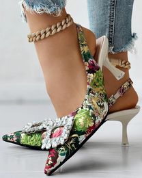 Dress Shoes Fashion Women Point Toe Low Heel Daily Wear Sandals Party Floral Print Rhinestone Slingback Pyramid Pumps