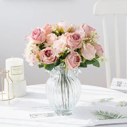 Decorative Flowers Rose Pink Artificial High Quality Big Bouquet Silk Fake Flower Home Wedding Decoration Accessories