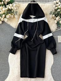 Casual Dresses Women Black White Patchwork Hooded Knee-length A-line Dress Autumn Long Sleeve Elegant Slim Sports Ladies