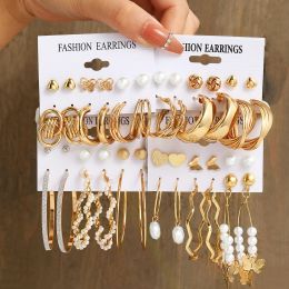 Earrings Vintage Pearl Earrings For Women Metal Gold Colour Geometric Earrings Set Heart Butterfly Hoop Earrings 2023 Fashion Jewellery Gift