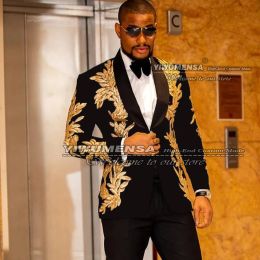 Jackets Black Men Suits Gold Shinny Appliques 2 Pieces Set (Jacket Pant) Wedding Tuxedo Business Blazer Masculino Single Breasted Dress