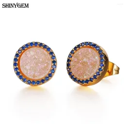 Stud Earrings ShinyGem 2024 Trendy 10mm Round Sparkling Opal Crystal Druzy Micro Inlay Zircon Gold Plating For Women Gift