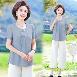 Women's Blouses Summer Pullover Round Neck Button Folds Fashionable Style Solid Colour Slim Fit Short Sleeve Cotton Linen Shirt