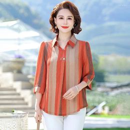 Women's Blouses Elegant Women Spring Summer Chiffon Shirts Lady Casual Lapel Collar Half Sleeve Striped Blusas Middle Age Mother Tops