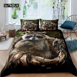 sets Raccoon Duvet Cover Set Cute Animal Theme Bedding Set Nature Owl Comforter Cover Wildlife Style King Size Polyester Quilt Cover