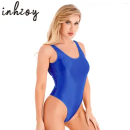 Women's Swimwear Womens Glossy High Cut Bodysuit Oil Shiny Backless Thong Leotard Swimsuit Workout Fitness Bathing Suit Rave Clubwear