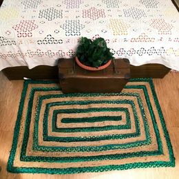 Carpets Green Striped Rug Natural Jute And Cotton Floor Mat Handloom Braided Style Rectangle Carpet Living Area