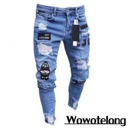 White Embroidery Jeans Men Cotton Stretchy Ripped Skinny High Quality Hip Hop Black Hole Slim Fit Oversize Denim Pants 240417