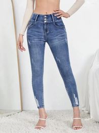 Women's Jeans 2024 Fall Trousers Mid Waist Ripped Fashion Skinny High Stretch Denim Pencil Pants Female Slim Fit S-2XL