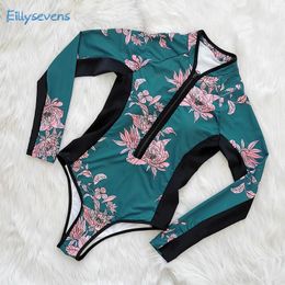 Women's Swimwear One-Piece Swimsuit Fashion Tight Patchwork Printed Sexy Sports Long Sleeve With Zipper Causal Surfing Beachwear