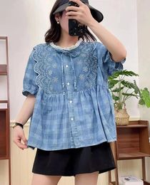 Women's Blouses Bust 120cm Mori Girl Style Vintage Design Short Sleeve Plaid Patchwork Denim Shirts Embroidery Tops Female