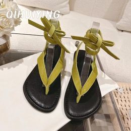 Sandals 2024 Est Summer Rome Genuine Leather Ankle-Strappy Gladiator Beach Vacation Thongs Shoes Woman Flip-Flops Botas Mujer