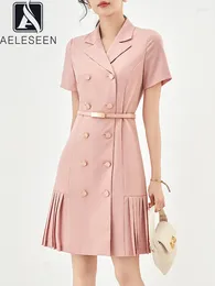 Party Dresses AELESEEN Office Ladies Summer Dress High Quality Turn-down Collar Solid Pink Belt Pleated Double-breasted Mini