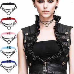 Pendants Women Men Punk Exaggerated Handmade Chain Choker Necklace O Round Black Metal Leather Collar Bondage Harness