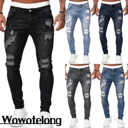 Fashion Street Style Ripped Skinny Jeans Men Vintage wash Solid Denim Trouser Mens Casual Slim fit pencil denim Pants 240417