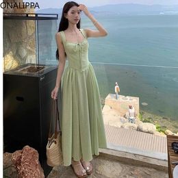 Casual Dresses Onalippa Chic Veins Green Long Dress For Women Solid Beach Style Lace Up Maxi French Sleeveless Square Low Neck Vestidos
