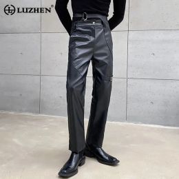 Pants LUZHEN 2024 Trendy High Quality Street Personality Metal Buckle Decorate Leather Pants Men's Straight Casual Pu Trousers 68b614