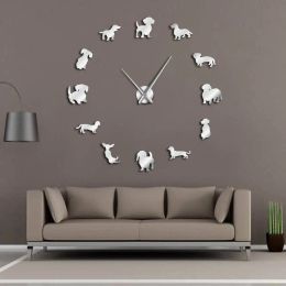 Clocks DIY Dachshund Wall Art WienerDog Puppy Dog Pet Frameless Giant Wall Clock With Mirror Effect Sausage Dog Large Clock Wall Watch