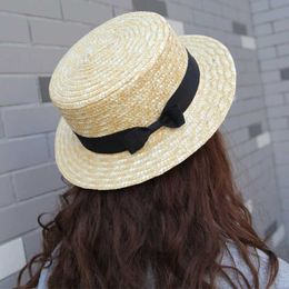 Wide Brim Hats Bucket Hats Retro Str Hat Womens Summer Panama Hat La Boater Beach Hat Wide Edge Womens Classic Flat Bow Knot Str Sun Hat Womens Hat J240425