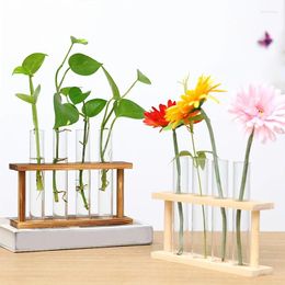 Vases Wooden Frame Hydroponic Vase Flower Glass Tube Propagation Station Plant Holder Living Rooms Office Decor