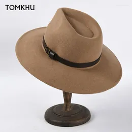 Berets Wool Panama Hat Wide Brim Khaki Fedora Leather Strap Warm Winter For Ladies Classical Band Porkpie Party