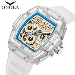 Transparent Wine Barrel Design ONOLA Plastic Men's Quartz Watch Waterproof Tape Watch