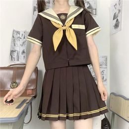 Clothing Sets Pleated Skirt Jk Uniform Three-Lines Brown Sailor Suit Japanese Schoolgirl Outfits Graduation Women Anime Cos Costumes