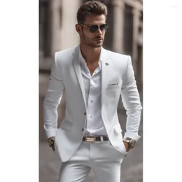 Men's Suits Fashion Notch Lapel Men White Summer Chic Single Breasted Two Piece Business Casual Office Wedding Tuxedo (Jacket Pants)