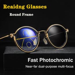 Frames Round Frame Retro Progressive Photochromic Reading Glasses Men Women Multifocal Anti Blue Light Computer Spectacles +1.0 to +4.0
