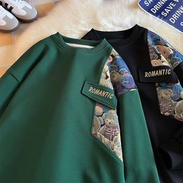 Chinese Style Embroidered Round Neck Hoodie with Spring and Autumn Patchwork 2024 New American Trendy Brand Oversized Men's Clothing